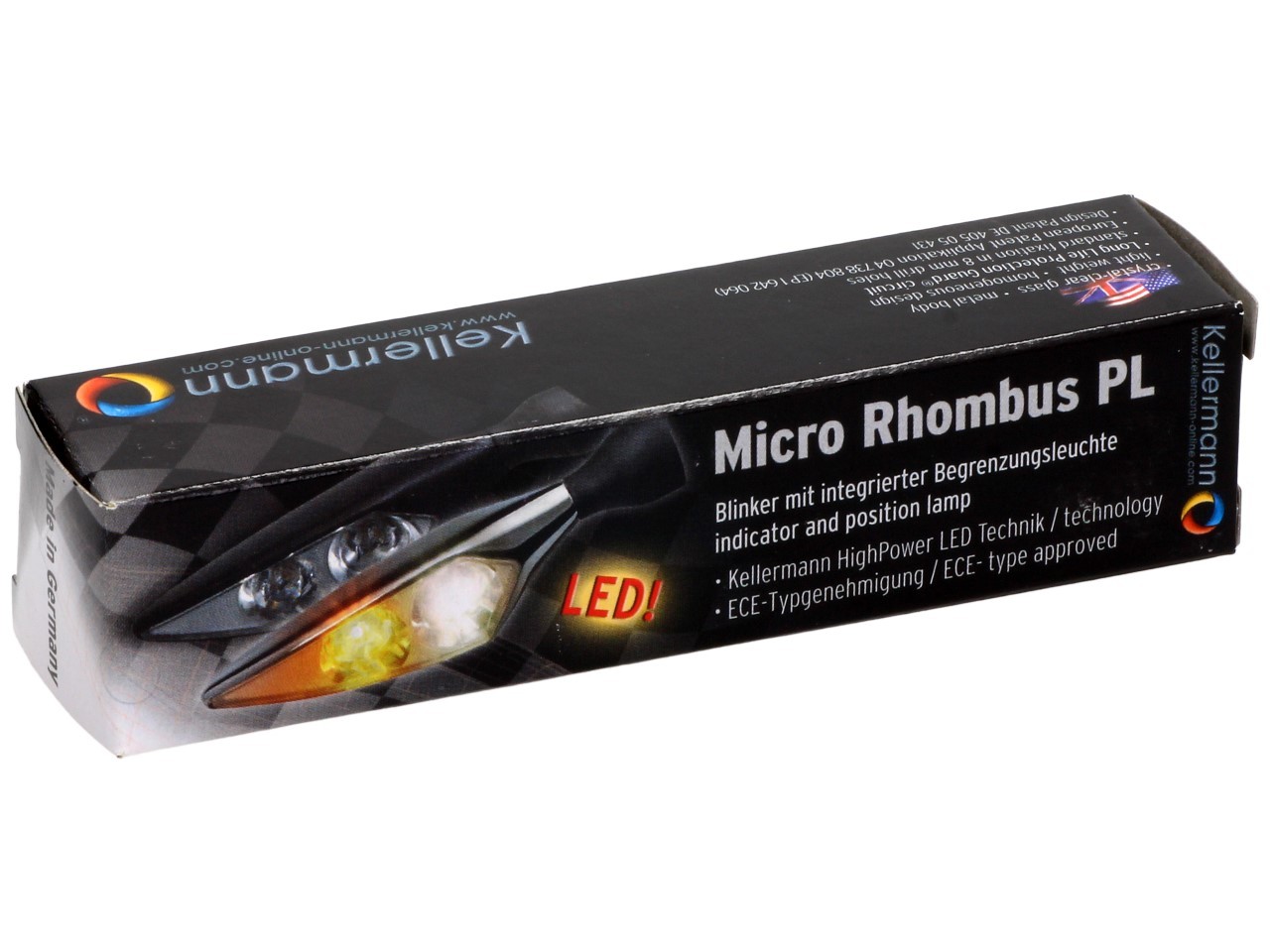 Kellermann-knipperlicht, Rhombus PL, staal, LED, rechtsvoor, 12 V, zwart gesatineerd, E-keurmerk