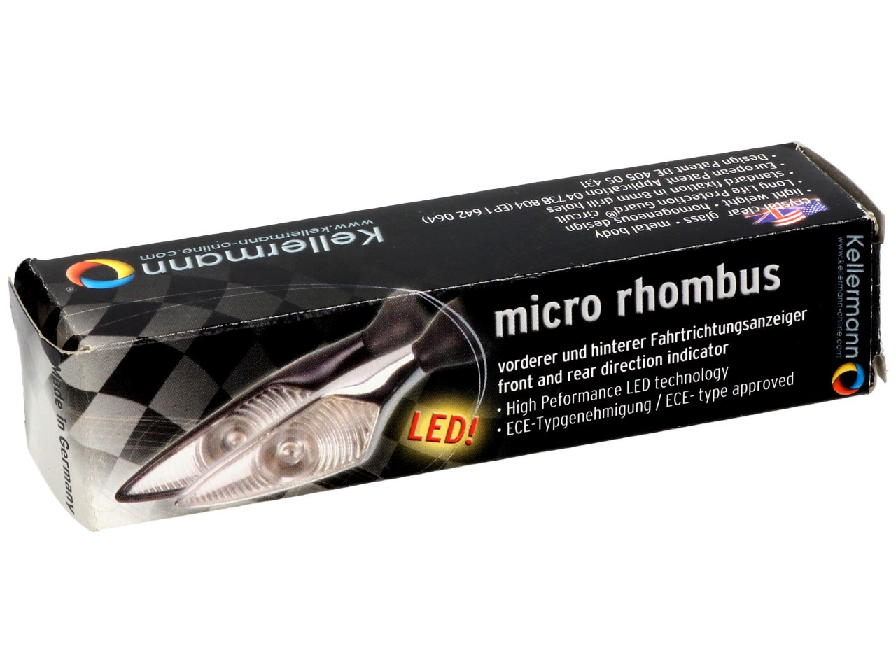 Kellermann indicator, ruit, staal, LED, VR/HL, 12 V, glanzend chroom, M8x20, E-goedgekeurd
