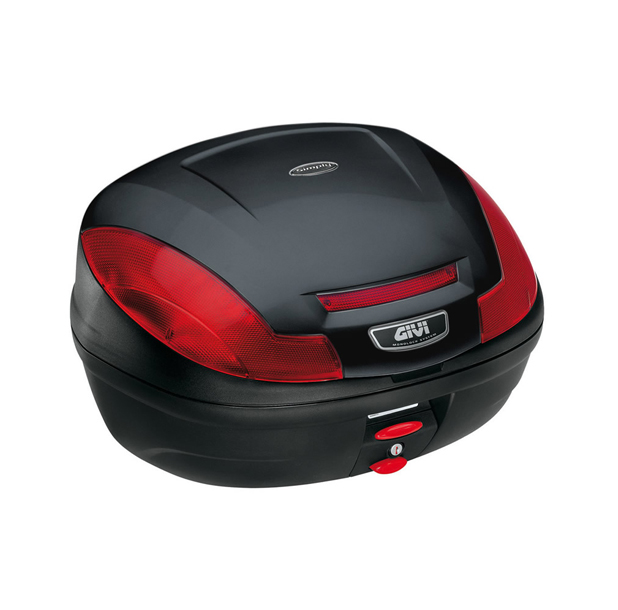 E470 Simply III MONOLOCK Topkoffer zwart met rode reflectoren en plaat Givi