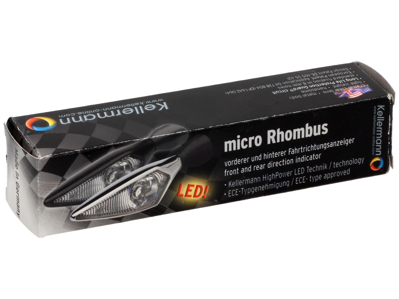Kellermann-indicator, ruit, staal, LED, VR/HL, 12 V, zwart gesatineerd, M8x20, E-keurmerk