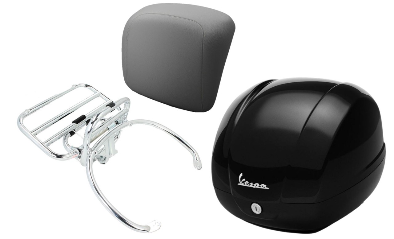 Topkofferset 36L nero cosmo (98/A), bagagerek chroom, rugkussen grijs voor Vespa GTS 125/300/310
