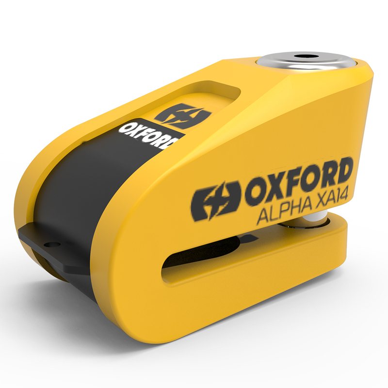 Oxford Alpha XA14 remschijfslot met alarm - Ø14mm roestvrij staal Zwart/Geel