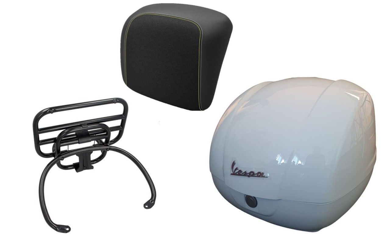 Topkofferset 36L wit, bagagerek zwart, rugkussen zwart met geel stiksel voor Vespa GTS