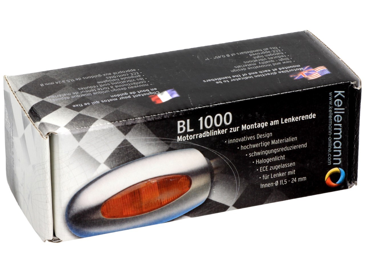 Kellermann aanwijzer, BL 1000 geel, aluminium, halogeen, VR/VL, 12 V, 21 W, gepolijst chroom, glanzend