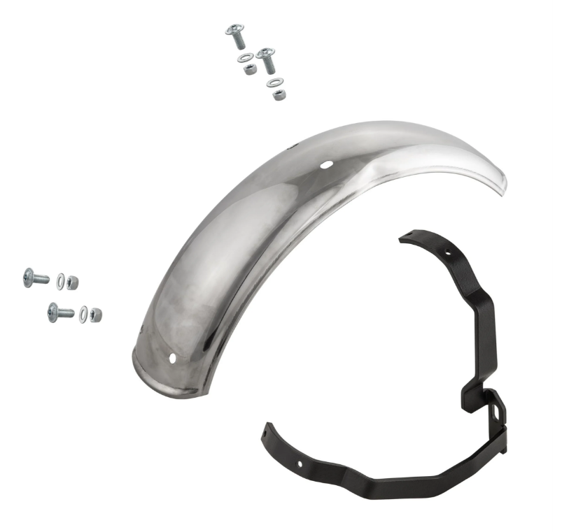 Spatbord 2.0 Garelli voor Vespa PX 80-200ccm, gepolijst roestvrij staal, houder zwart