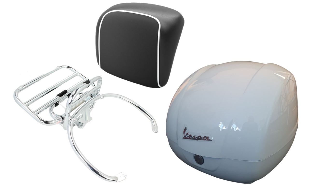 Topkofferset 36L wit (B04), bagagerek chroom rugkussen zwart, bies wit voor Vespa GTS