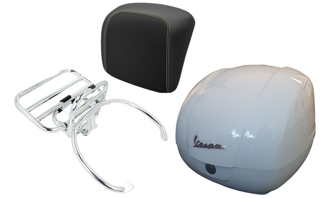 Topkofferset 36L wit (B04), bagagerek chroom, rugkussen zwart met geel stiksel voor Vespa GTS