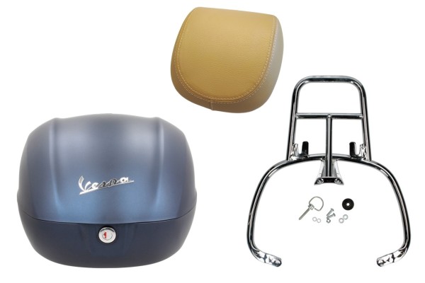 Topcase Kit 32L blauw mat (282/A), rugkussen beige voor Vespa Primavera