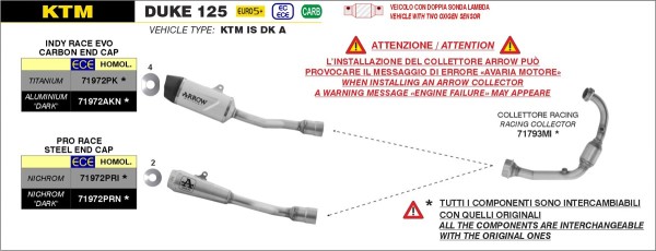 ARROW Racing spruitstuk zonder katalysator voor KTM Duke 125 (24-) /125 Enduro R (25-) /125 SMC R (25-)