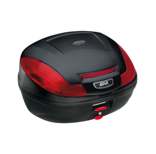 E470 Simply III MONOLOCK Topkoffer zwart met rode reflectoren en plaat Givi