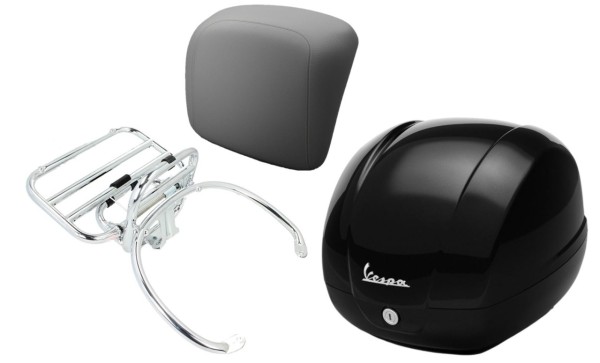 Topkofferset 36L nero cosmo (98/A), bagagerek chroom, rugkussen grijs voor Vespa GTS 125/300/310